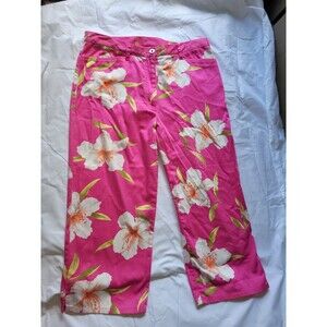 Lauren Ralph Lauren Pants Womens 12 Pink Floral Mid Rise Wide Leg Capri Stretch